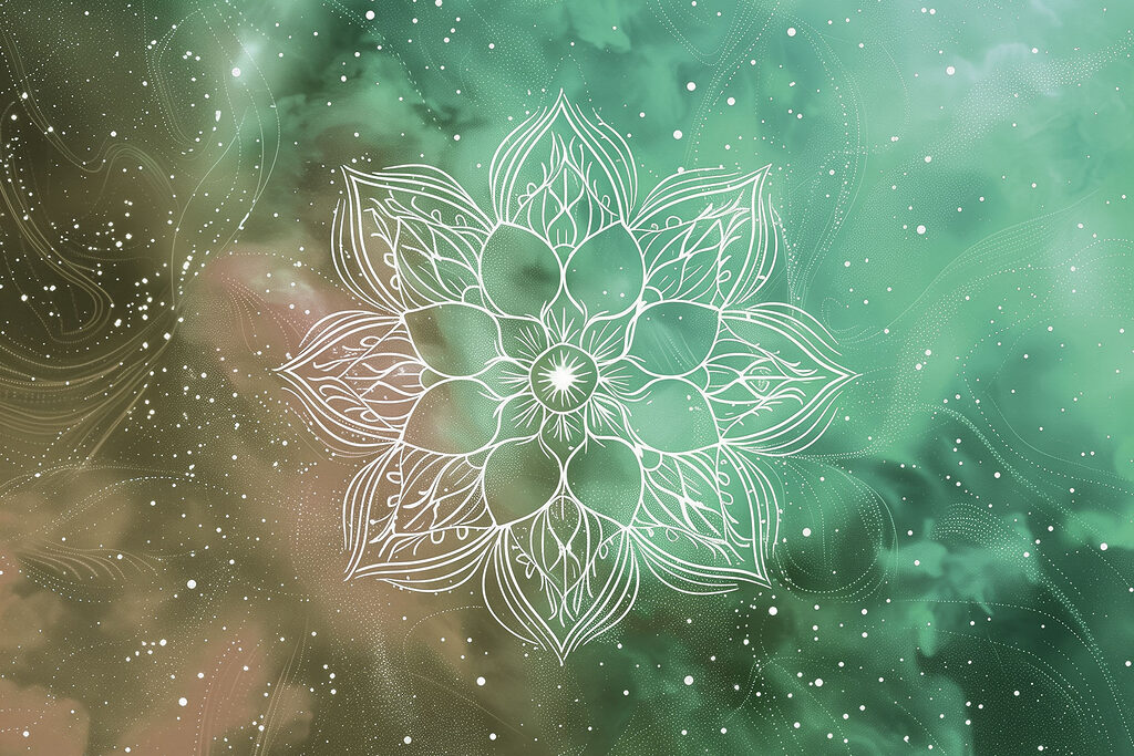 A white mandala on a green and blue background