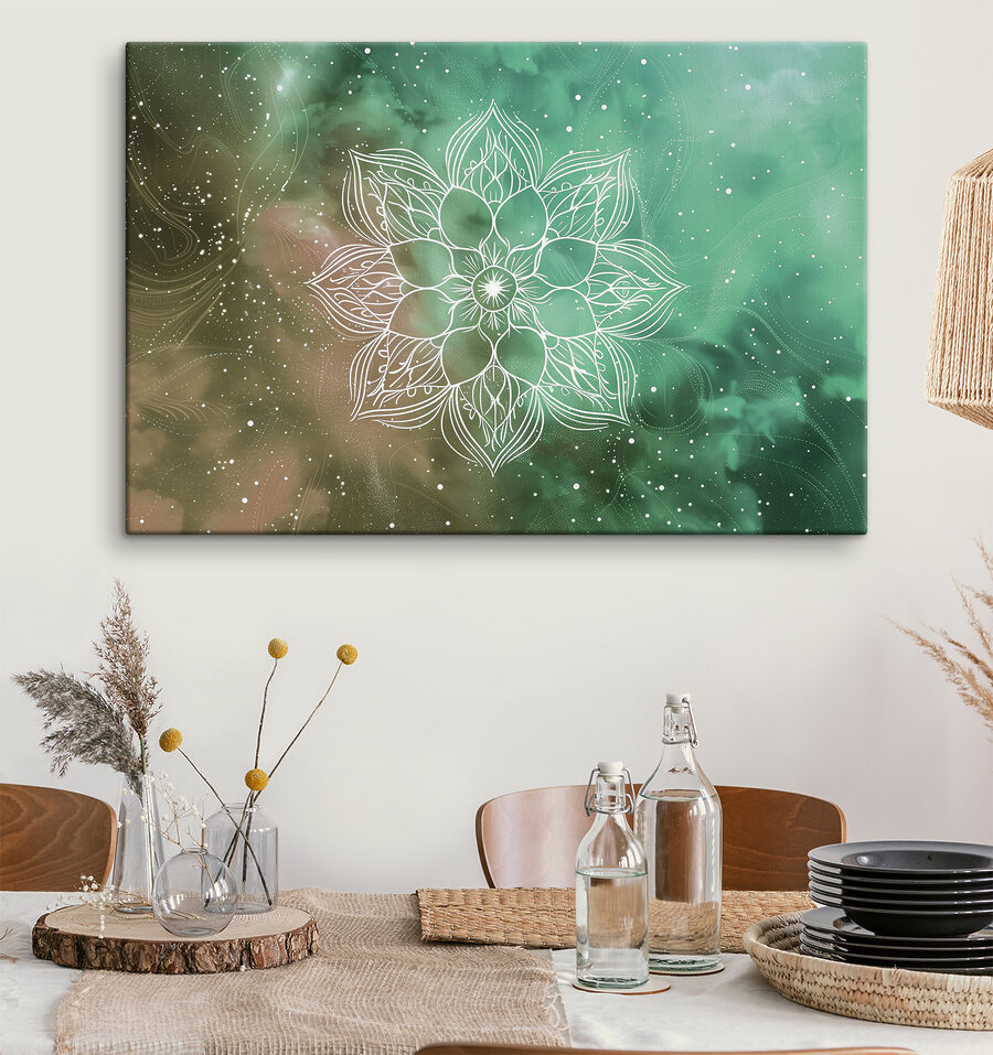 Fehér mandala zöld és kék háttéren Fehér mandala zöld és kék háttéren