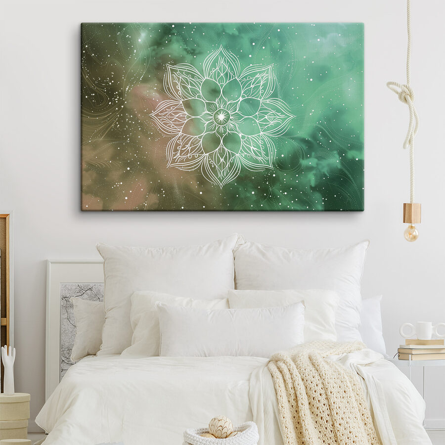 Fehér mandala zöld és kék háttéren Fehér mandala zöld és kék háttéren