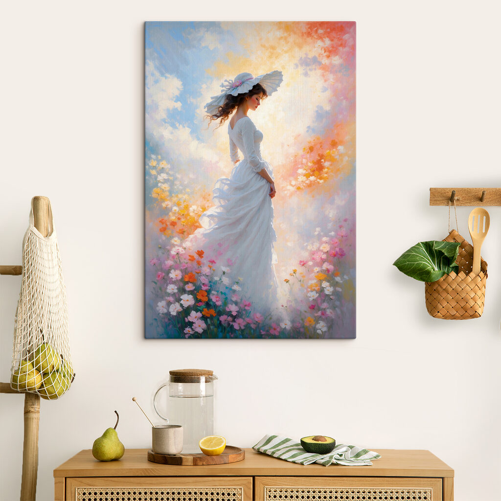 A woman in a white dress and hat