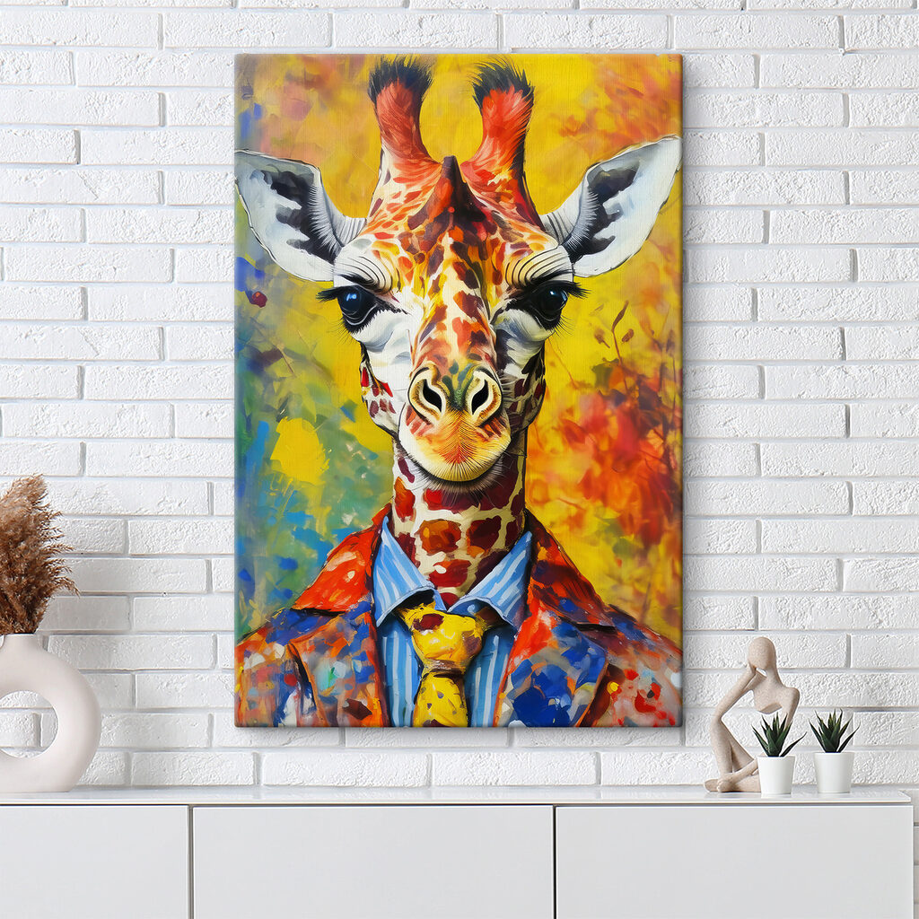 A painting of a giraffe wearing a shirt