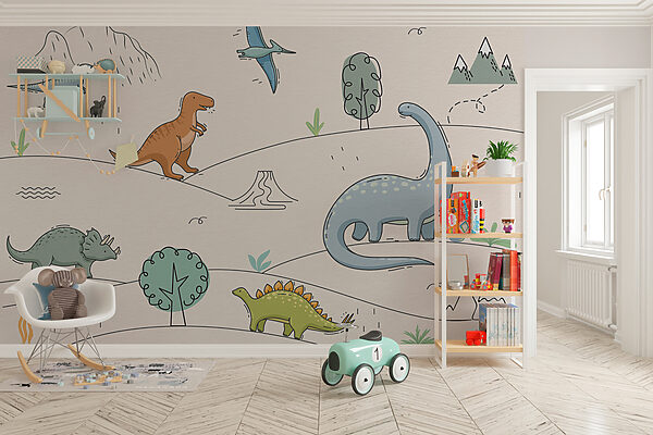 A drawing of dinosaurs and mountains A drawing of dinosaurs and mountains