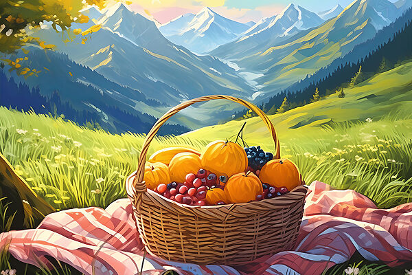 A basket of fruit on a blanket in a grassy field