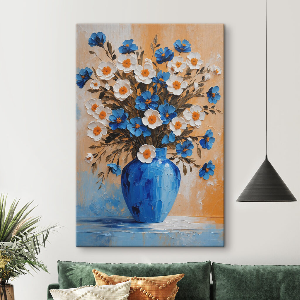 A painting of flowers in a blue vase