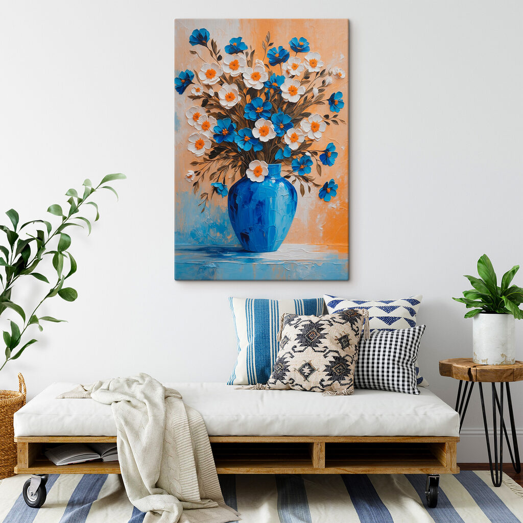 A painting of flowers in a blue vase