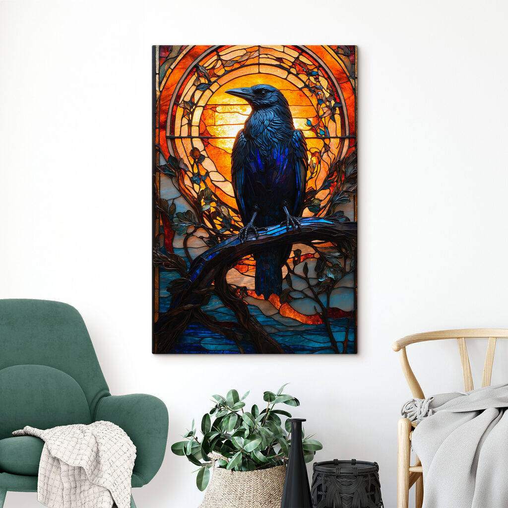 A stained glass window with a bird on a branch