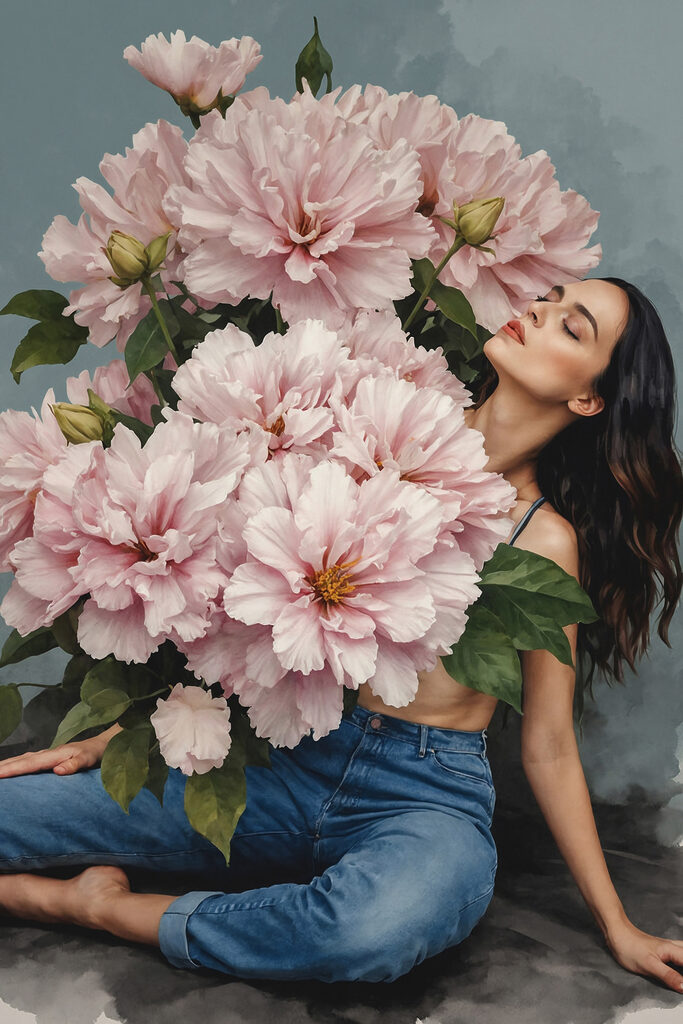 A woman sitting on a floor with a large bouquet of flowers