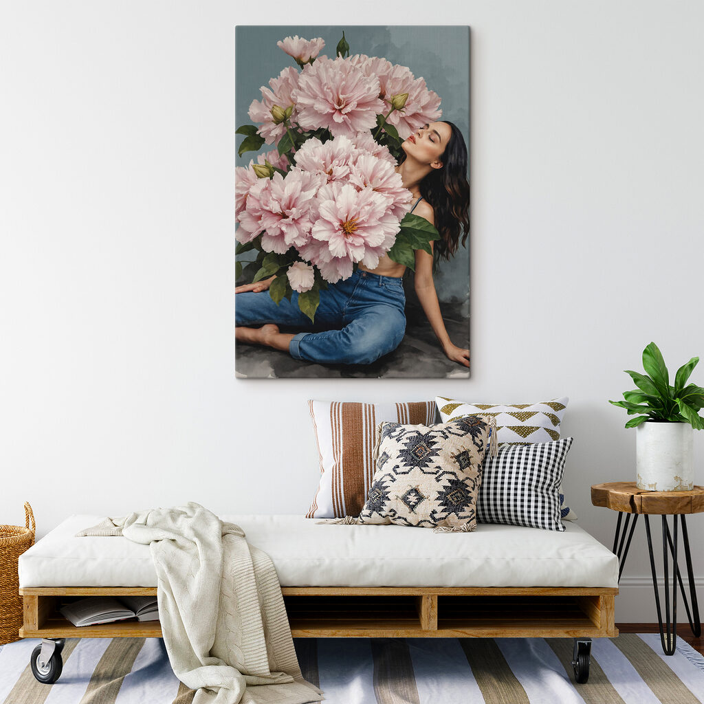 A woman sitting on a floor with a large bouquet of flowers