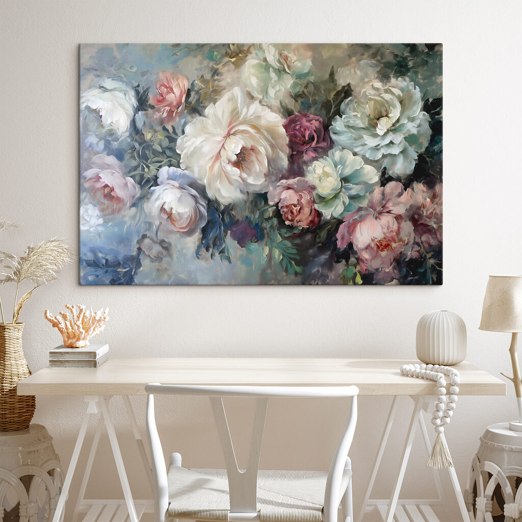 A painting of flowers on a blue background