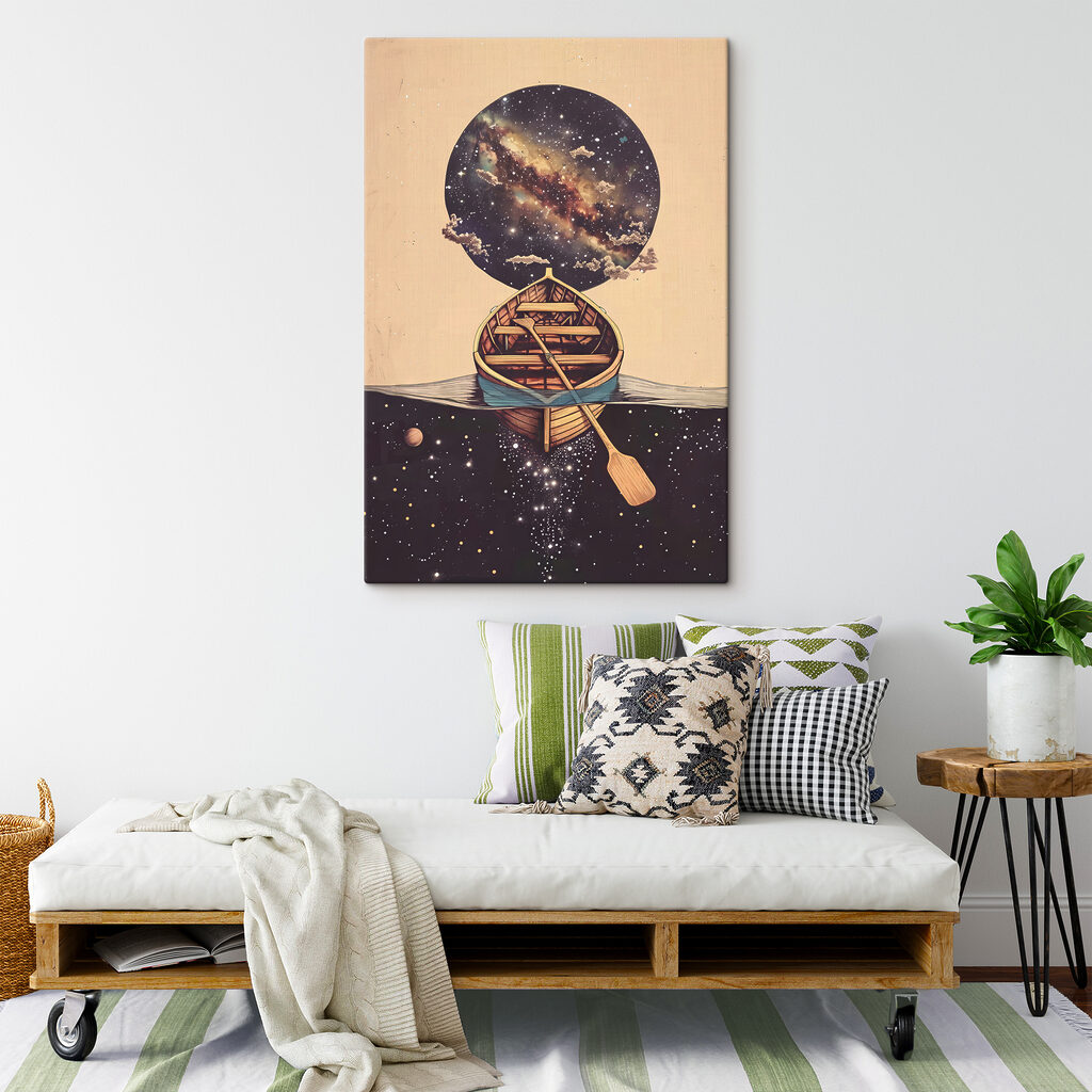 A boat in water with a circle in the background