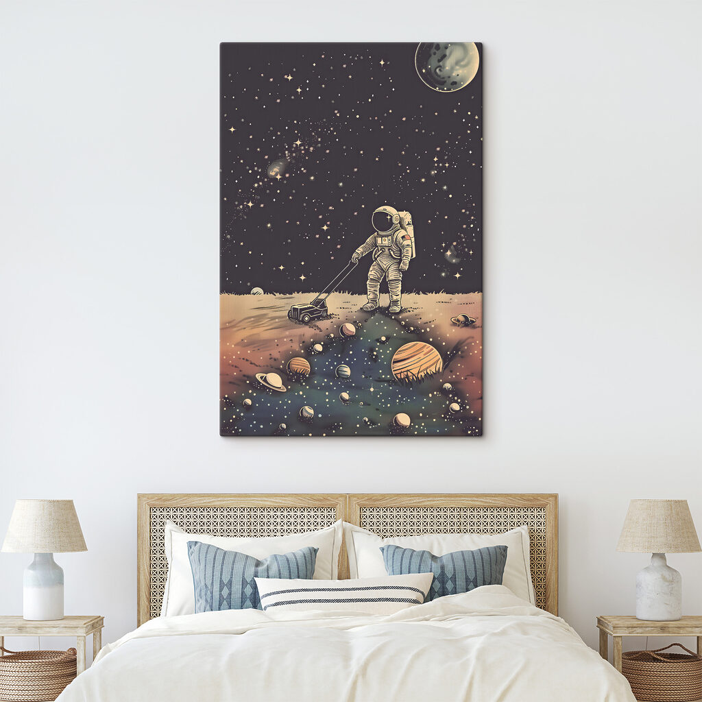 A astronaut pulling a lawnmower in space A astronaut pulling a lawnmower in space