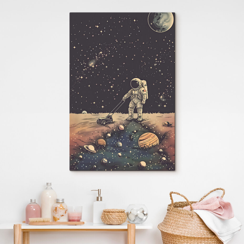 A astronaut pulling a lawnmower in space A astronaut pulling a lawnmower in space