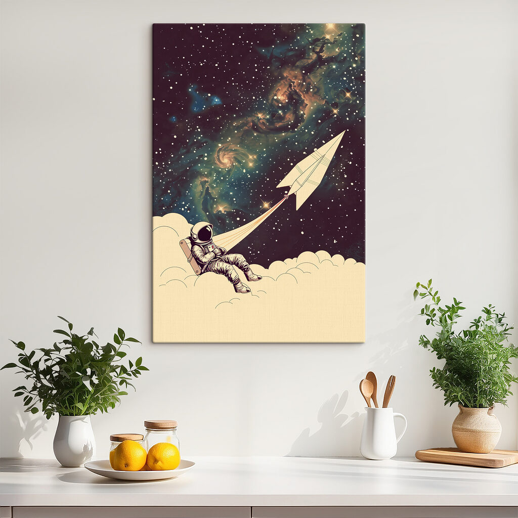 An astronaut sitting on a cloud with a paper plane in the sky