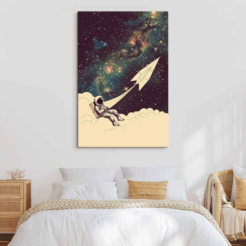 An astronaut sitting on a cloud with a paper plane in the sky