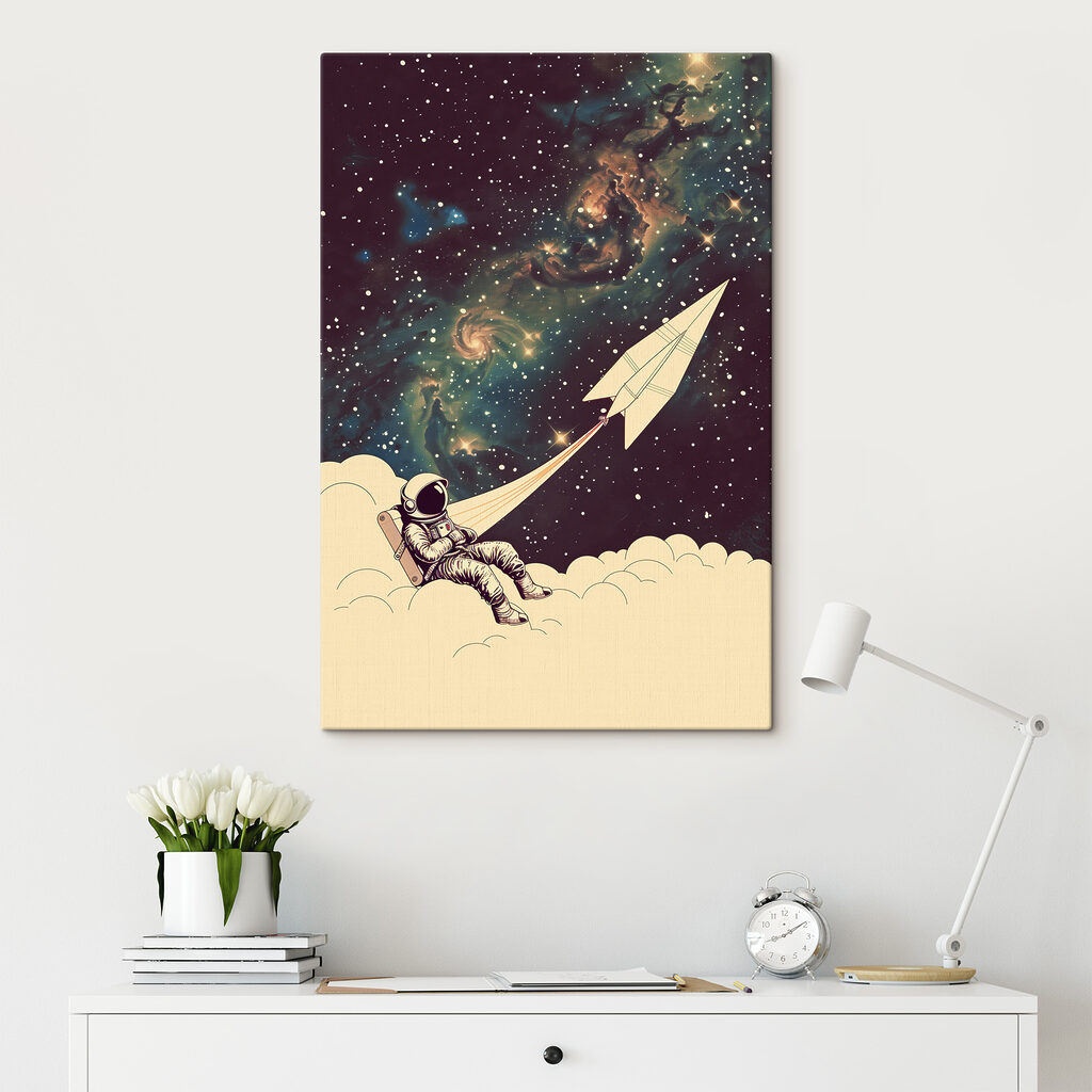 An astronaut sitting on a cloud with a paper plane in the sky
