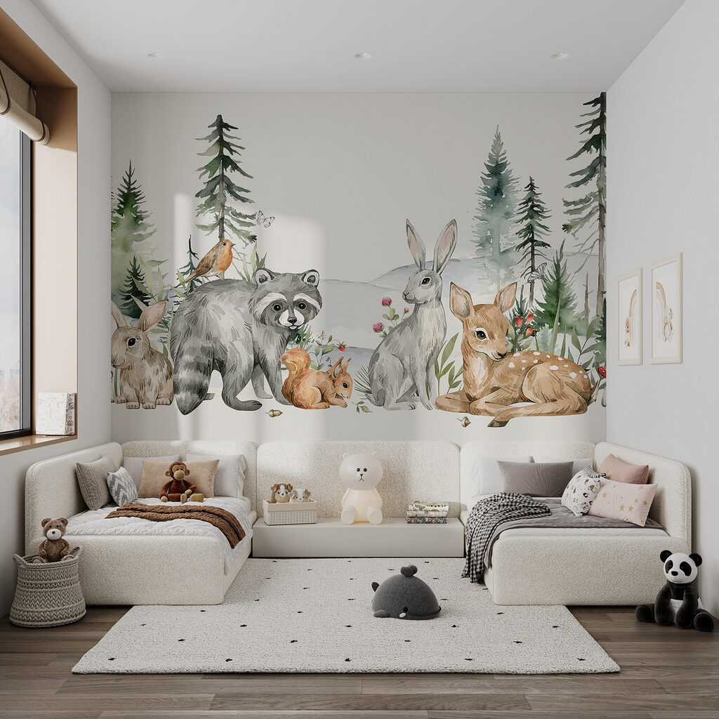 A group of animals in a forest A group of animals in a forest