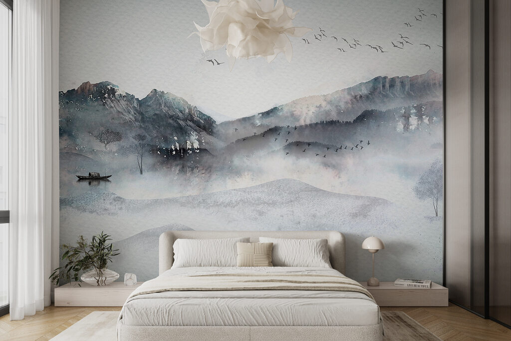 A painting of a mountain range with birds flying over it