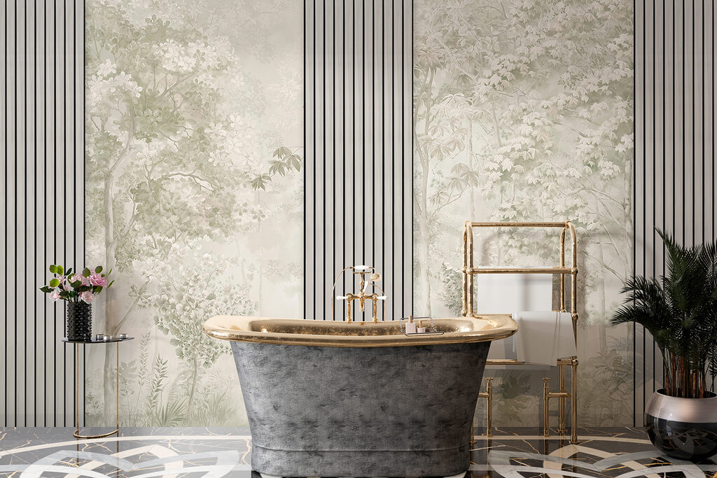 A wallpaper with trees and flowers