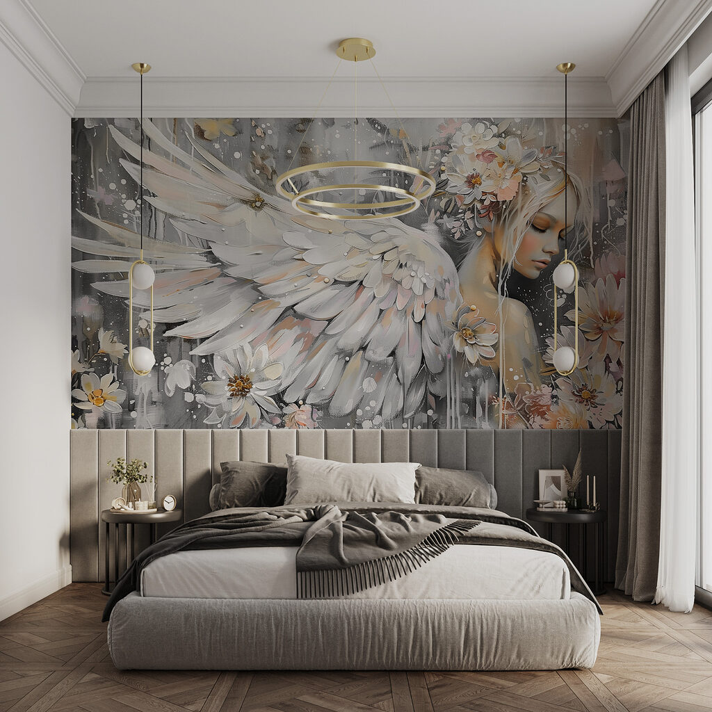 A painting of a woman with wings and flowers A painting of a woman with wings and flowers