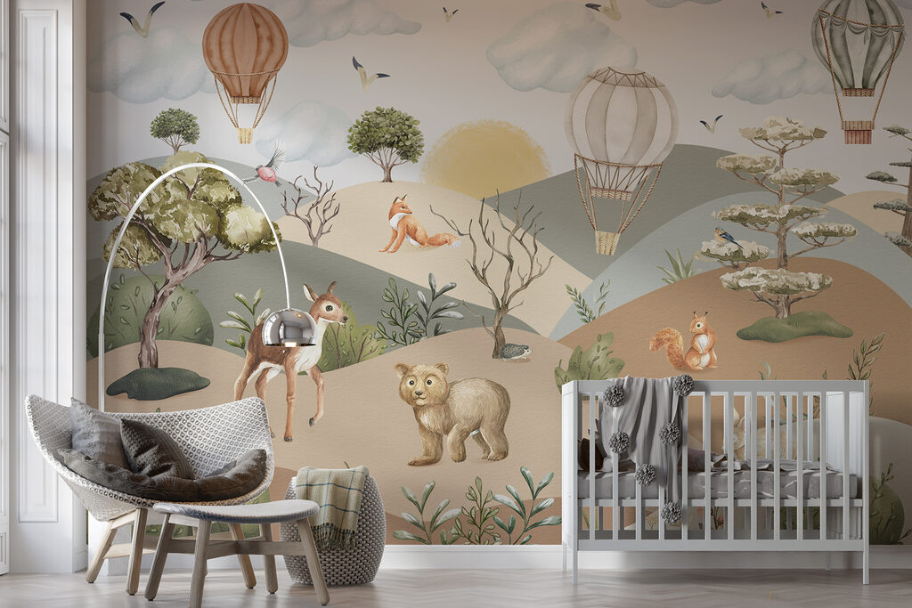 A landscape with animals and hot air balloons A landscape with animals and hot air balloons