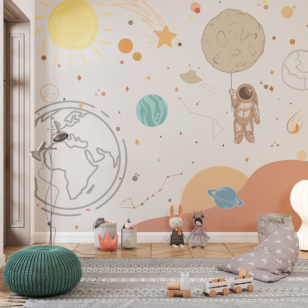 A cartoon of an astronaut holding a planet in space A cartoon of an astronaut holding a planet in space