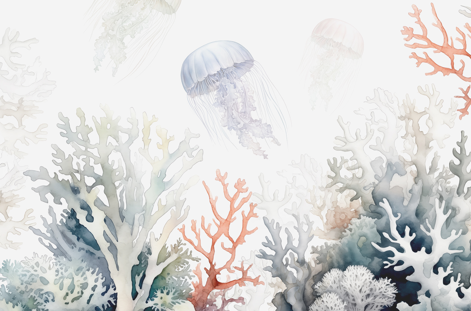 A group of jellyfish and corals A group of jellyfish and corals
