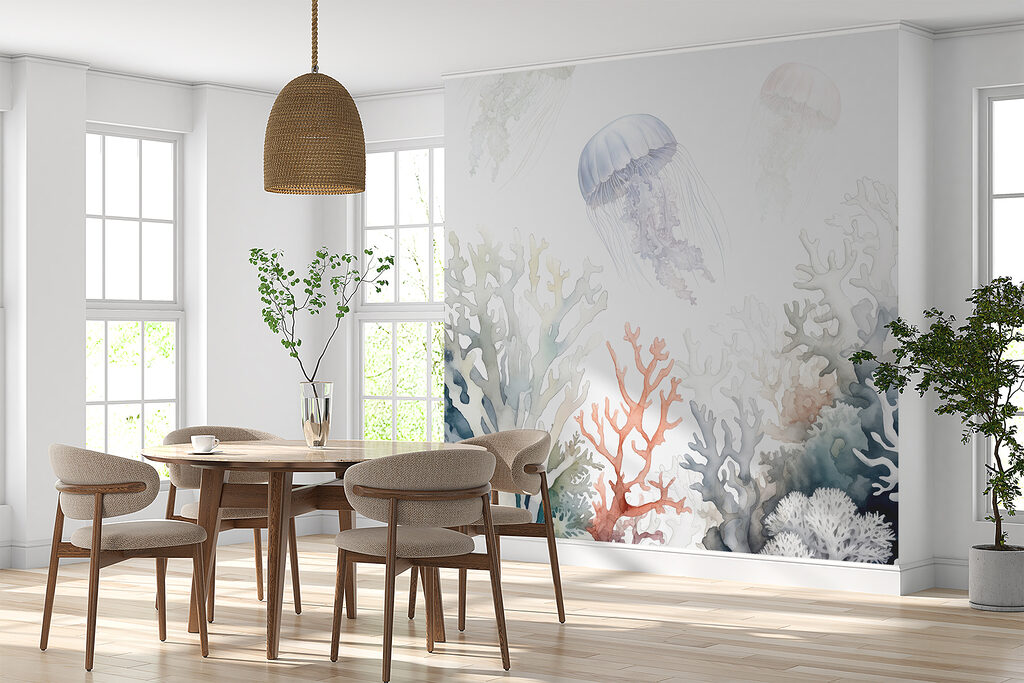 A group of jellyfish and corals A group of jellyfish and corals