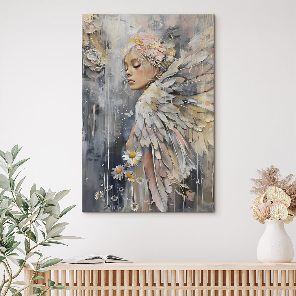 A painting of a woman with wings and flowers A painting of a woman with wings and flowers