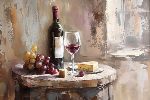 A wine bottle and grapes on a table