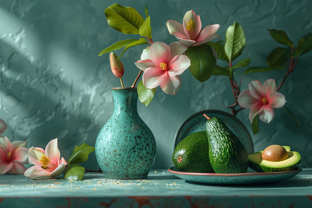 A vase with flowers in it and avocados on a plate A vase with flowers in it and avocados on a plate