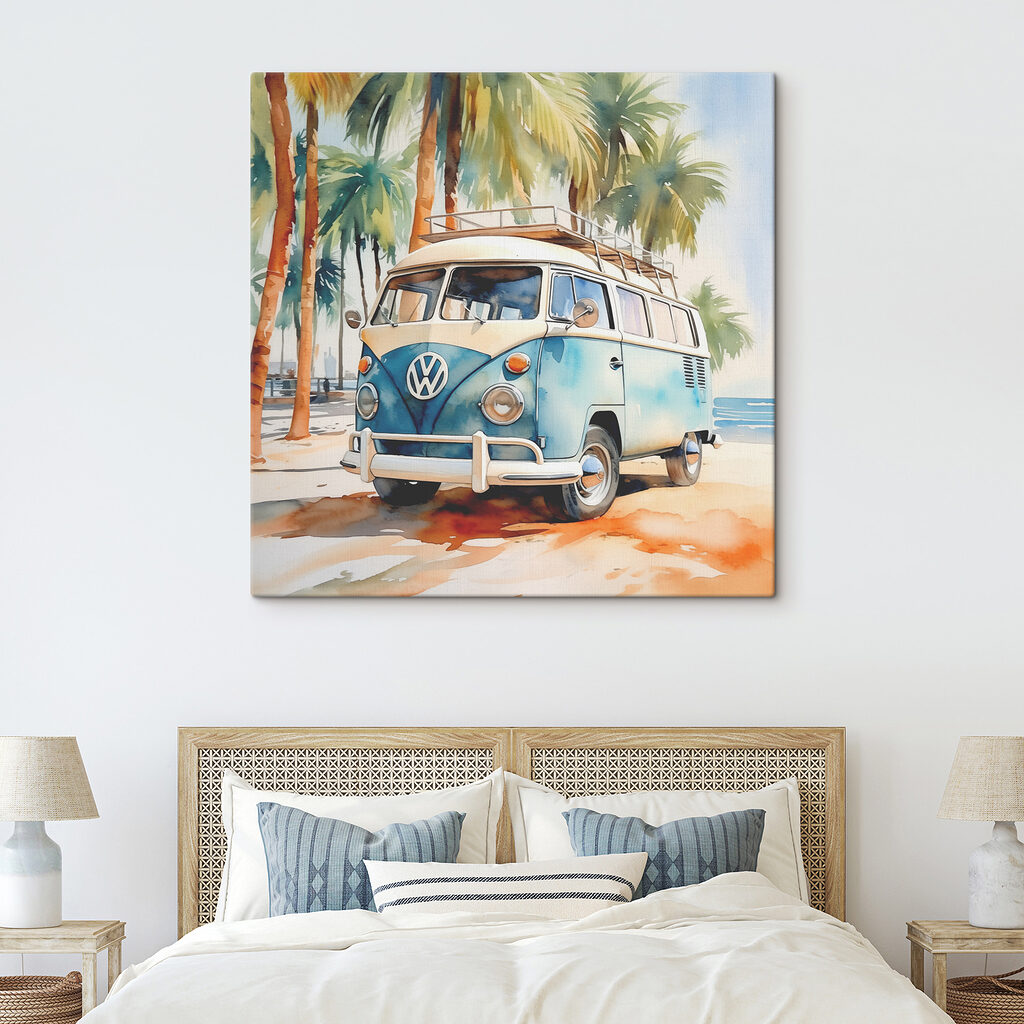 A watercolor of a van parked on a beach A watercolor of a van parked on a beach