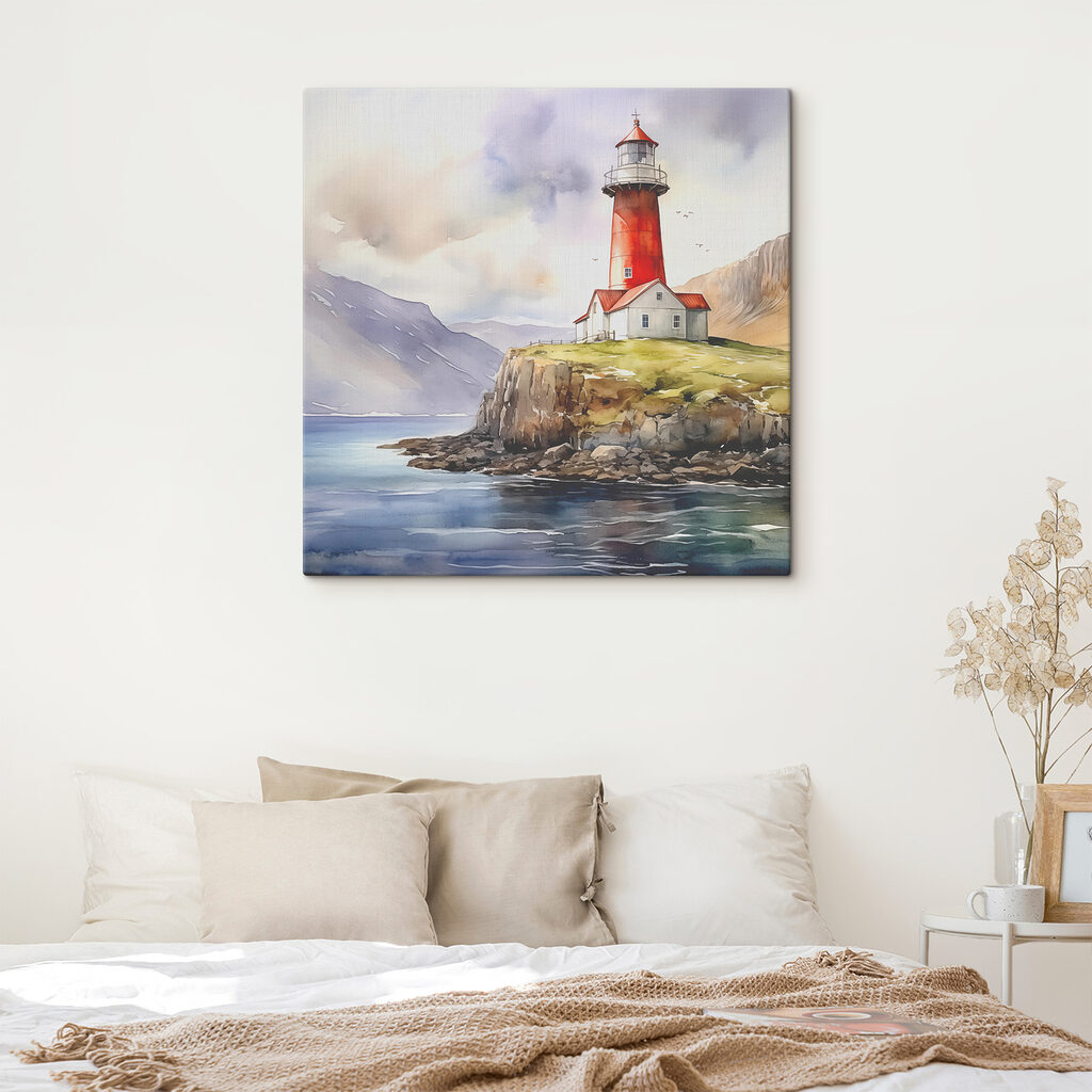 A watercolor painting of a lighthouse on a cliff