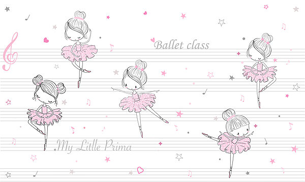 A group of pink and white ballet dancers on musical notes