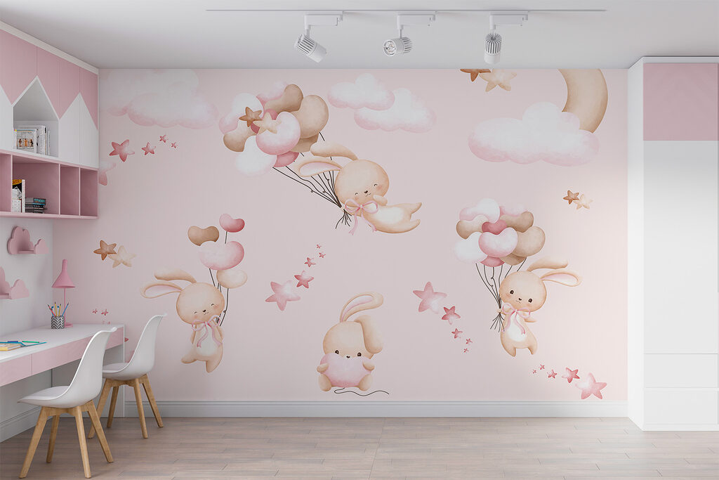 A group of cartoon bunnies holding balloons