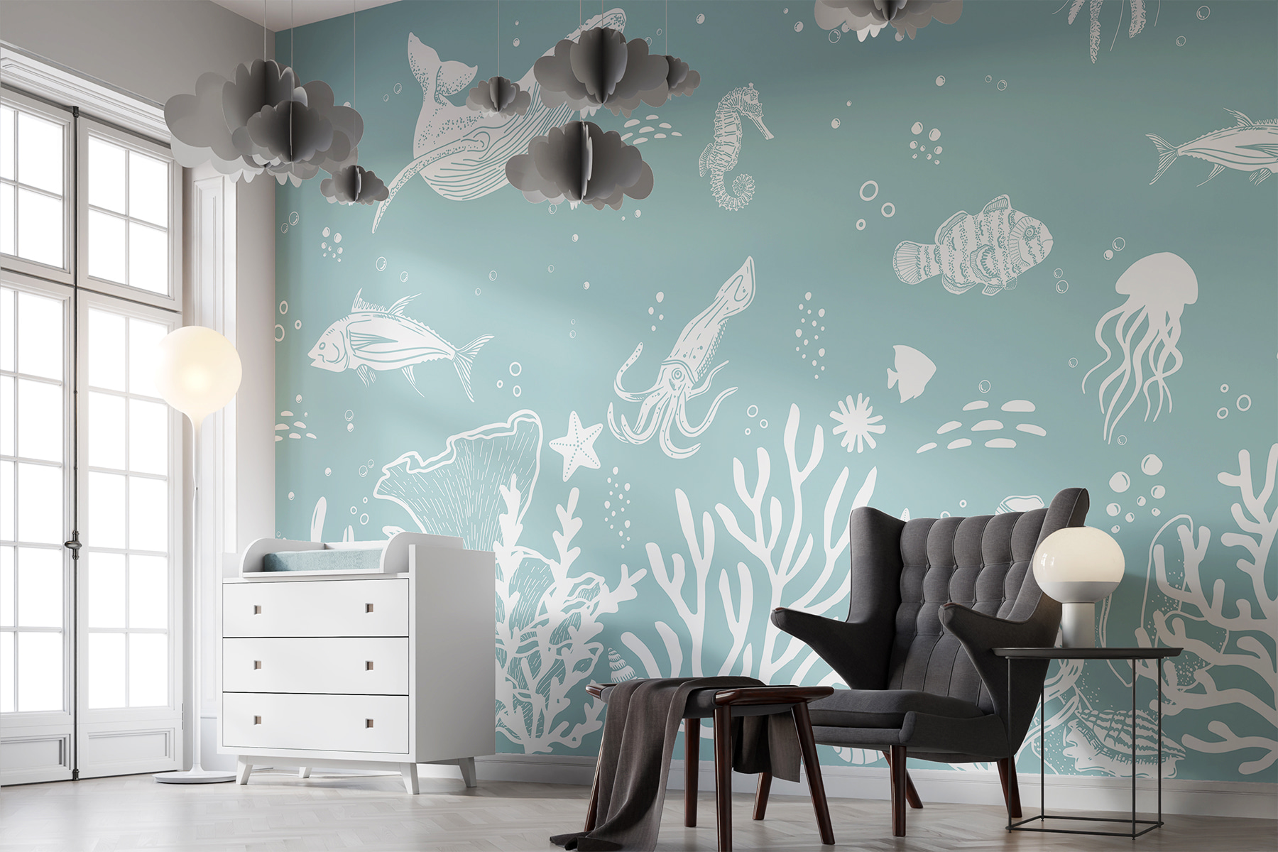 A white outline of sea animals