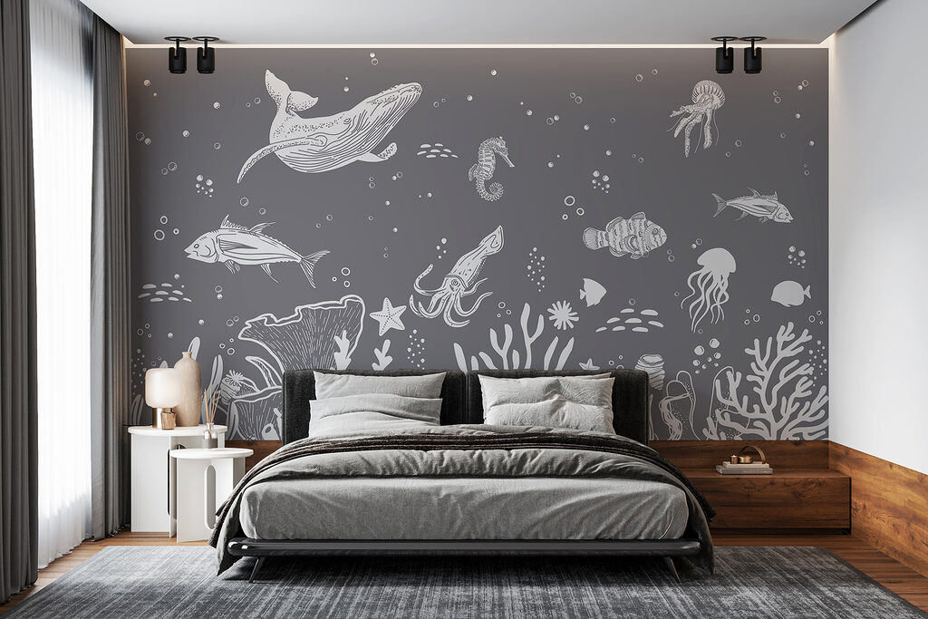 A white sea creatures on a gray background