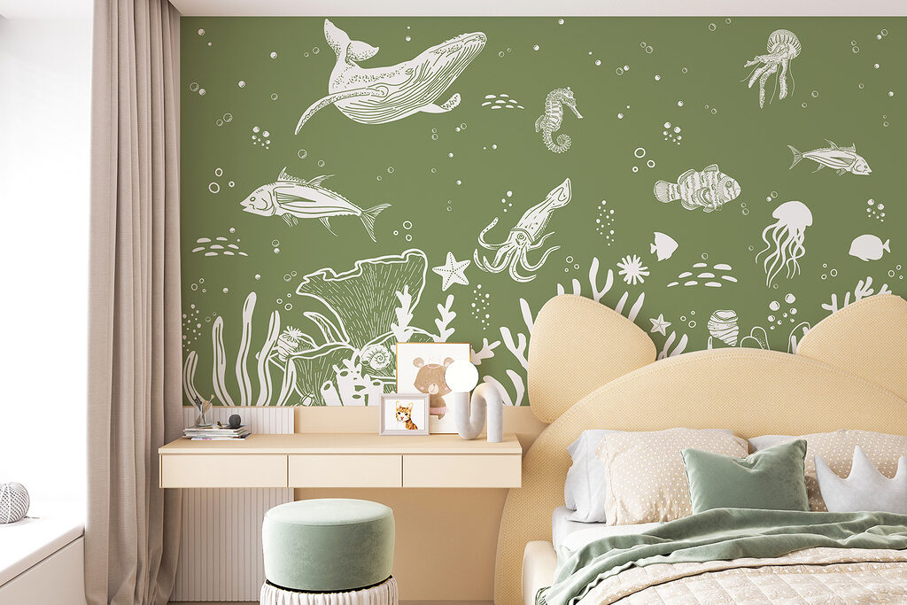 A sea life drawing on a green background