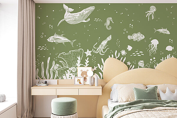 A sea life drawing on a green background