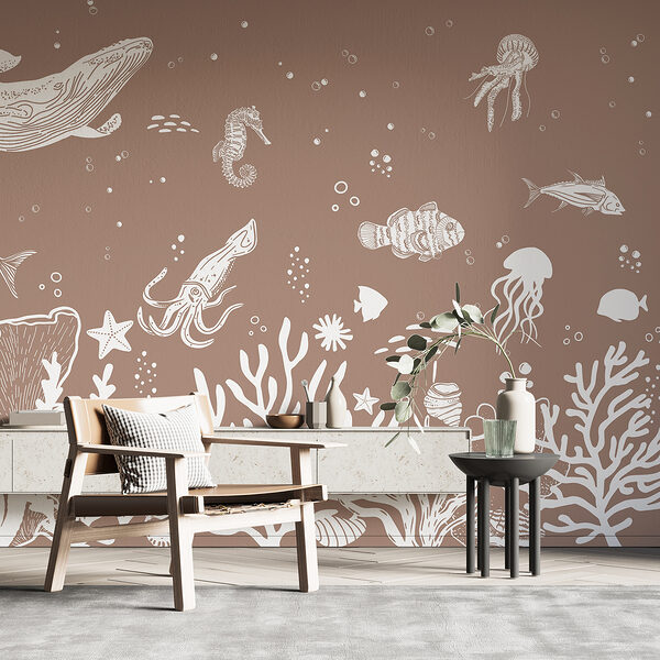 A white line drawing of sea animals