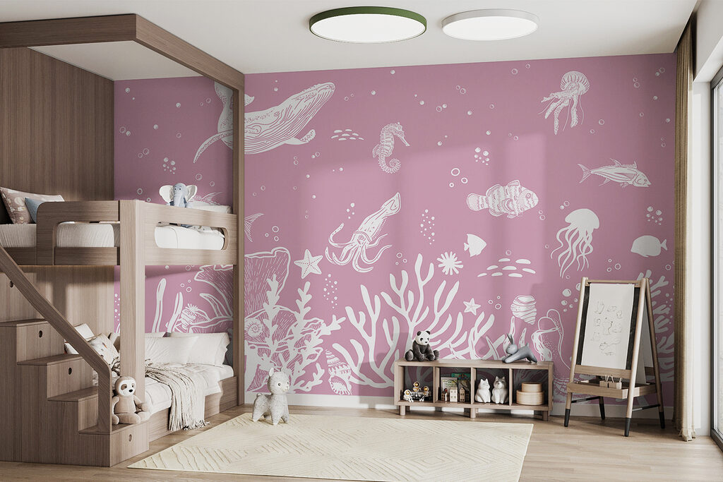 A white outline of sea animals
