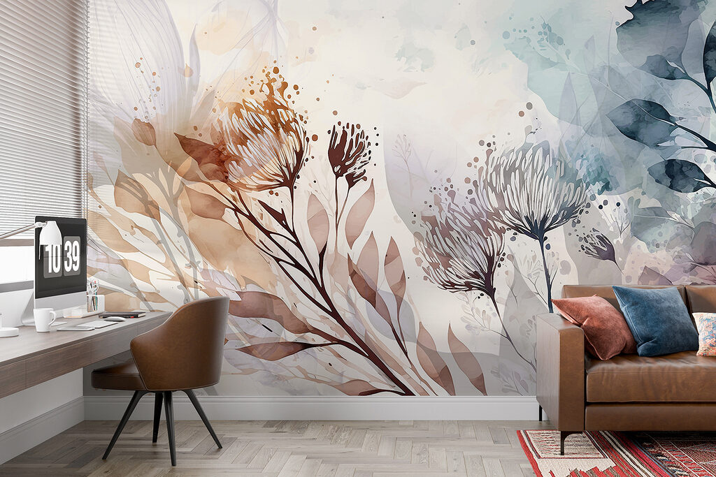 A watercolor painting of flowers and leaves