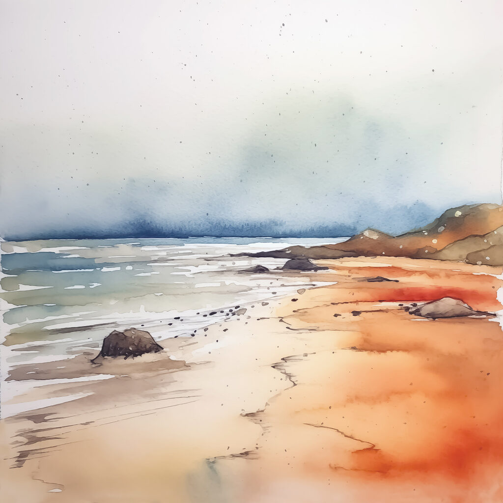 Watercolor of a beach with rocks and water
