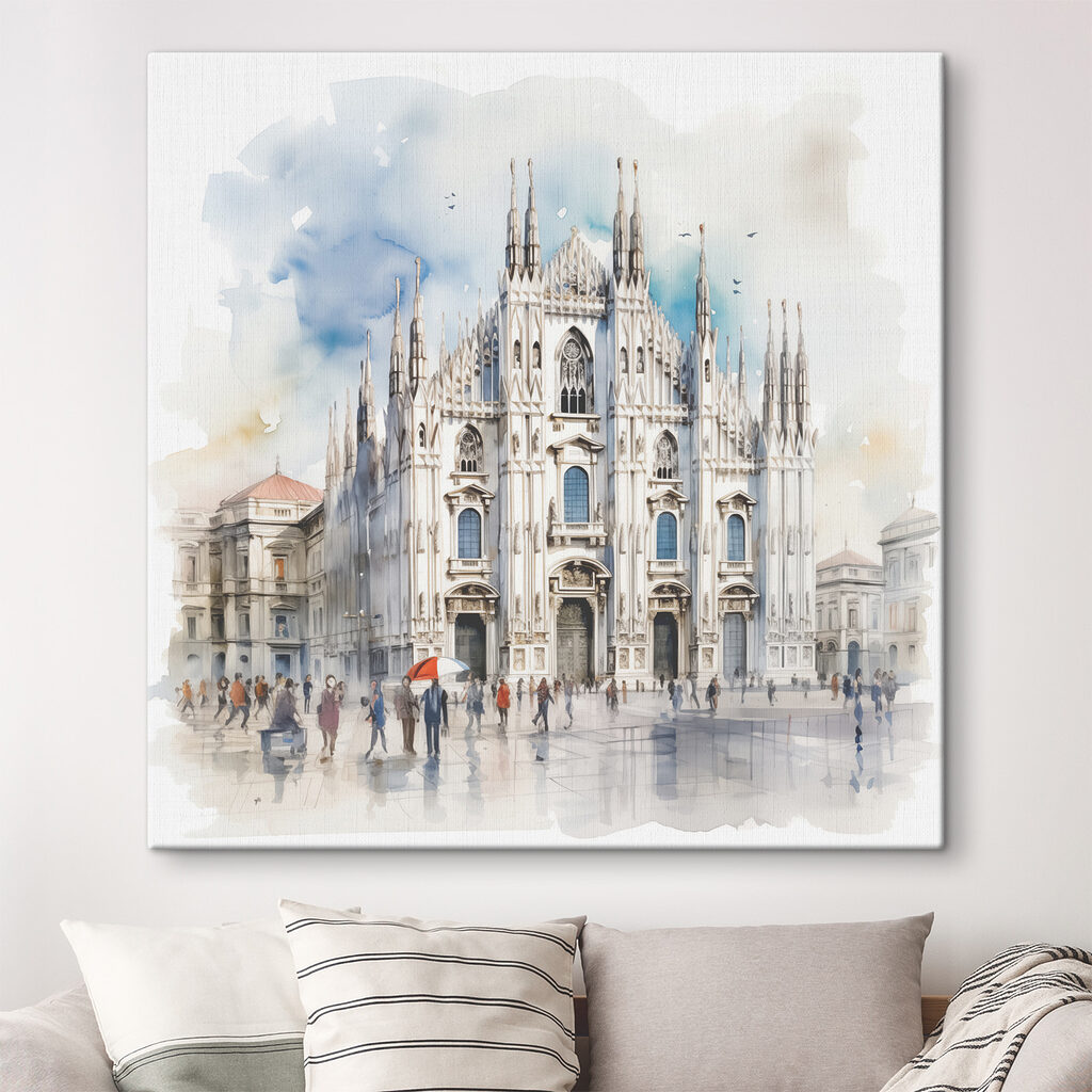 A watercolor of a building with people walking around