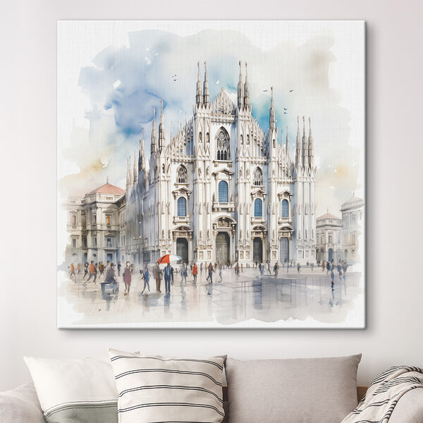 A watercolor of a building with people walking around