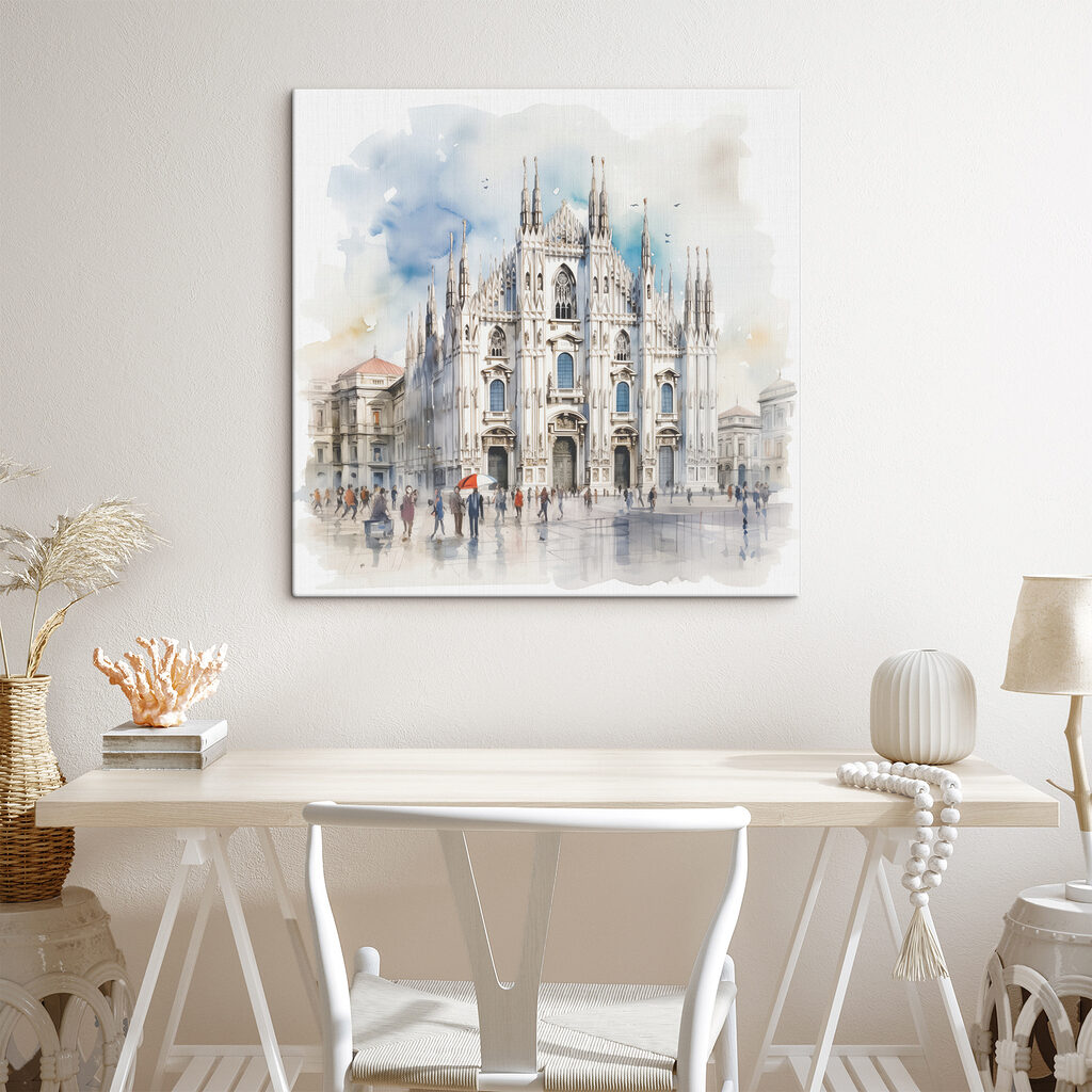 A watercolor of a building with people walking around