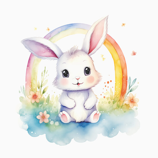 A watercolor of a bunny with a rainbow