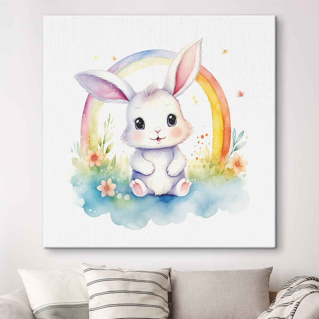 A watercolor of a bunny with a rainbow