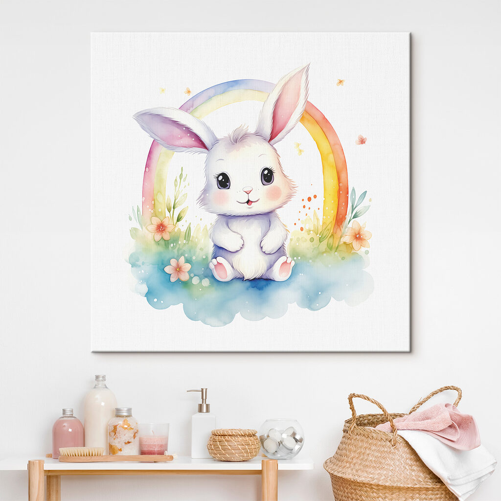 A watercolor of a bunny with a rainbow