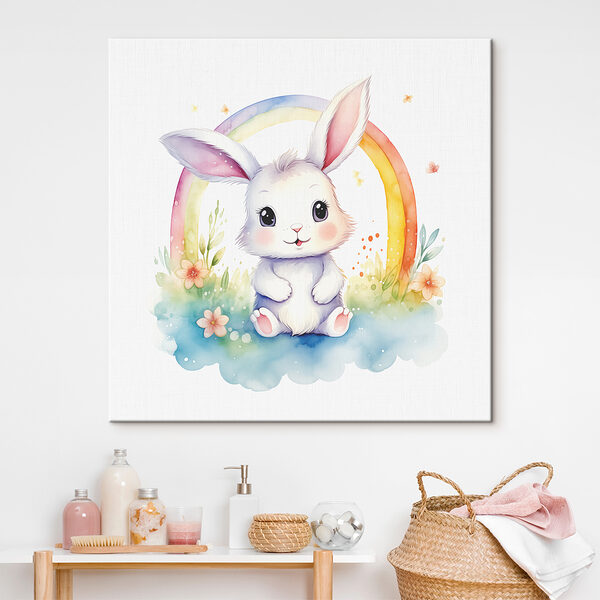 A watercolor of a bunny with a rainbow