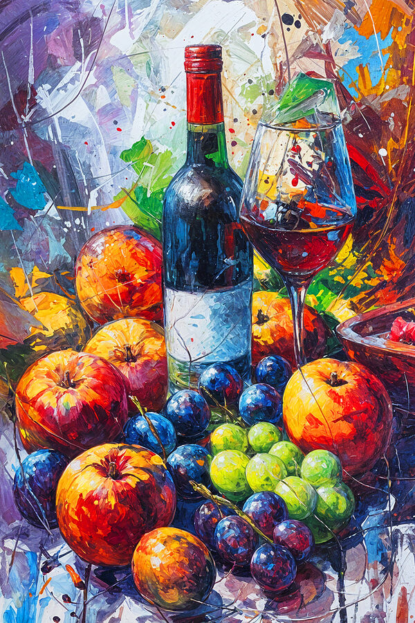 A painting of a wine bottle and fruit A painting of a wine bottle and fruit
